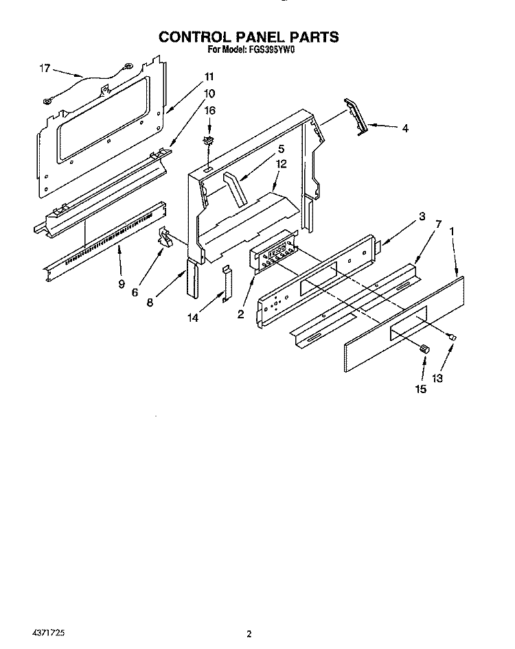 CONTROL PANEL Diagram and Parts List for FGS395YW0  Roper Range
