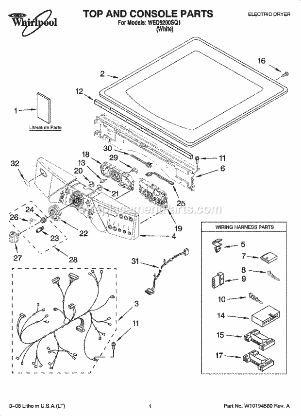 TOP AND CONSOLE PARTS Diagram and Parts List for WED9200SQ1  Whirlpool Dryer