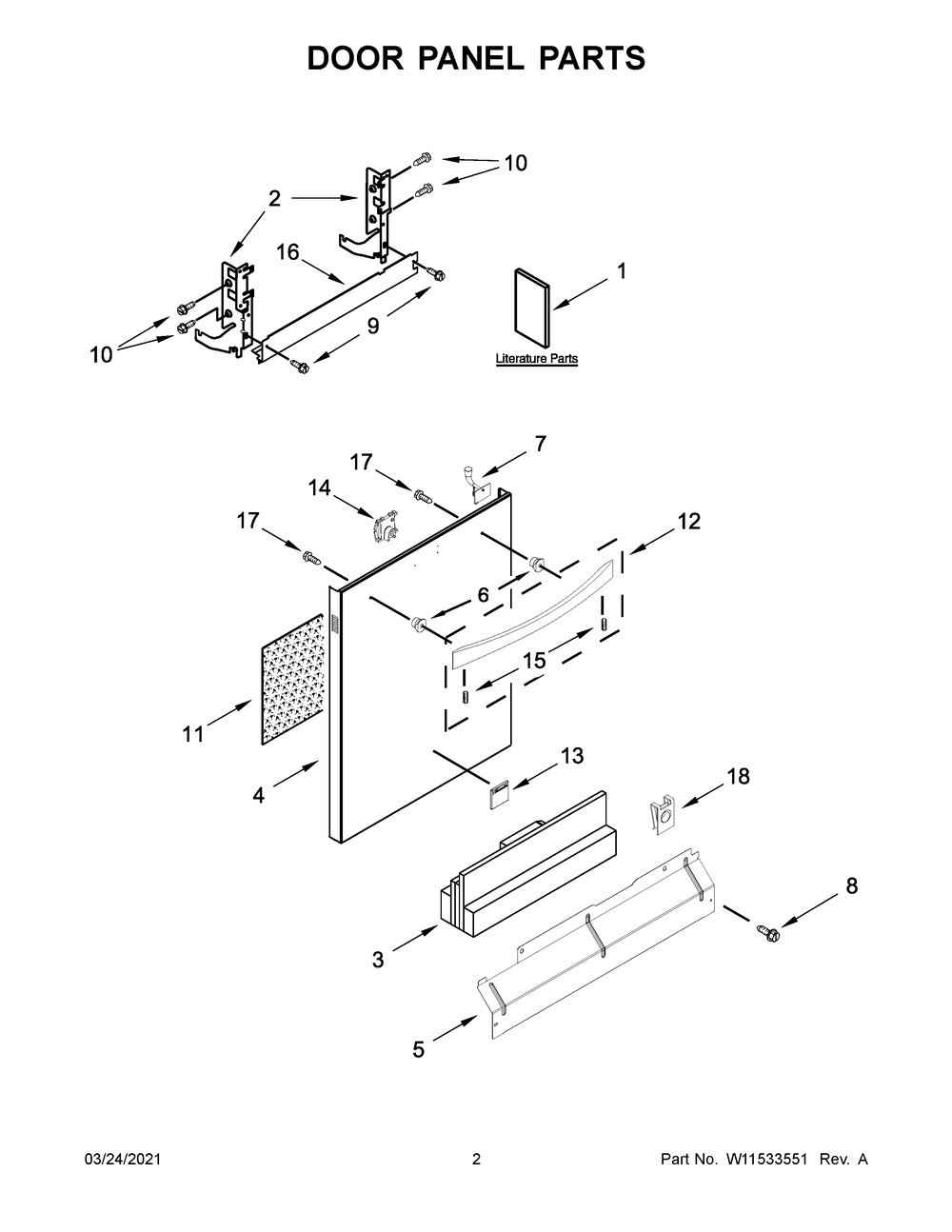 Door Panel Parts Diagram and Parts List for 66514815N613  Whirlpool Dishwasher