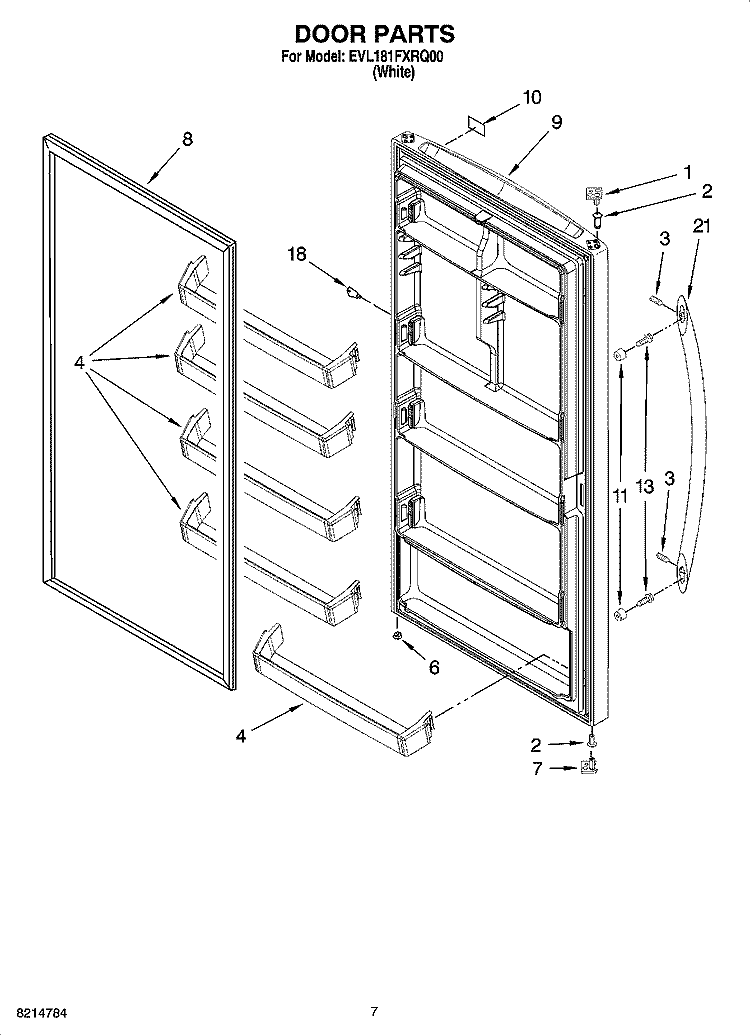 DOOR PARTS, OPTIONAL PARTS (NOT INCLUDED) Diagram and Parts List for EVL181FXRQ00  Whirlpool Freezer