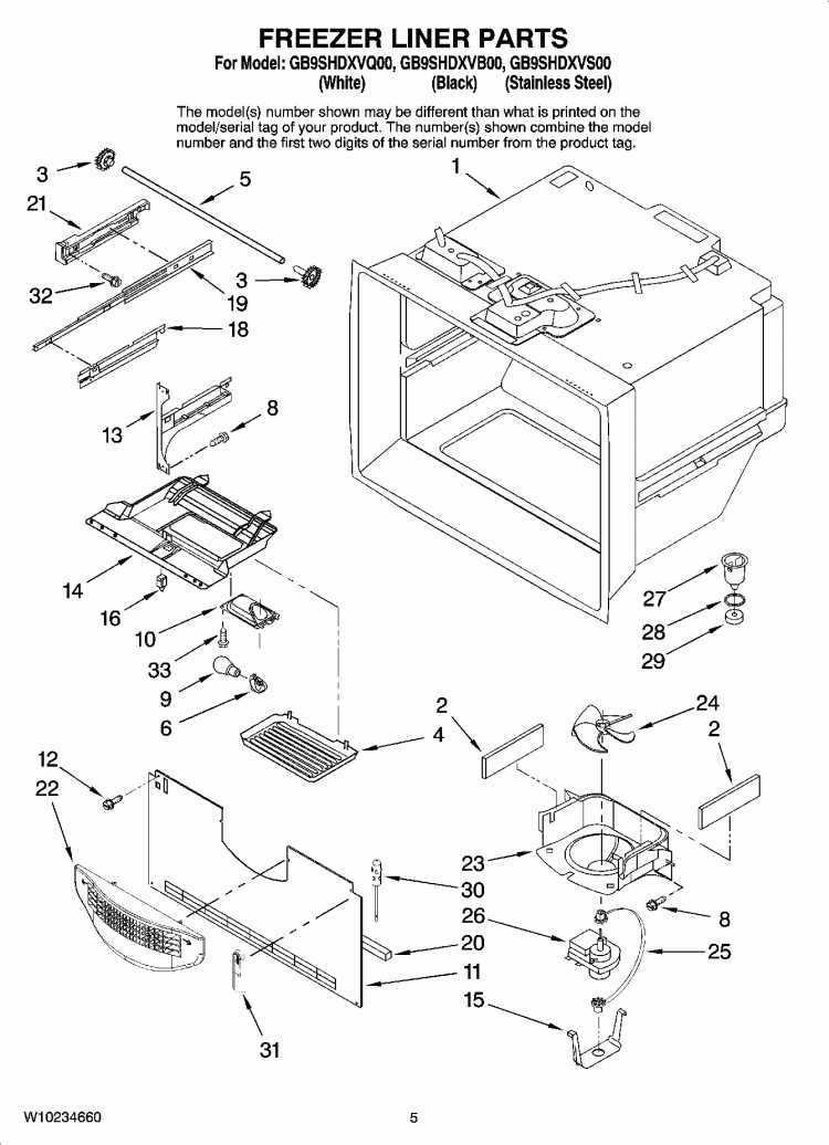 FREEZER LINER PARTS Diagram and Parts List for GB9SHDXVB00  Whirlpool Refrigerator