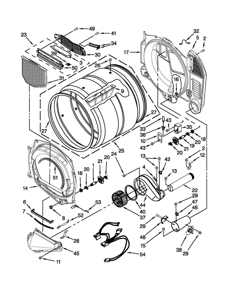 Bulkhead Parts Diagram and Parts List for WGD9051YW2  Whirlpool Dryer