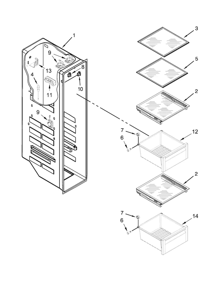 Freezer Liner Parts Diagram and Parts List for WRS950SIAM01  Whirlpool Refrigerator