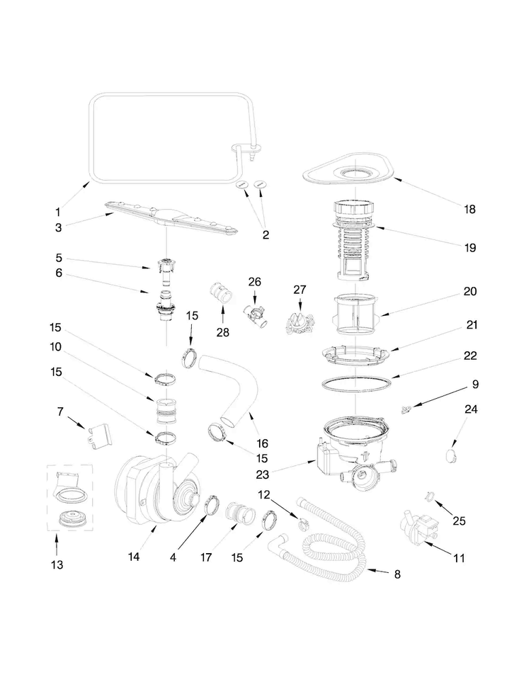 Pump And Sprayarm Parts Diagram and Parts List for WDF550SAFW0  Whirlpool Dishwasher