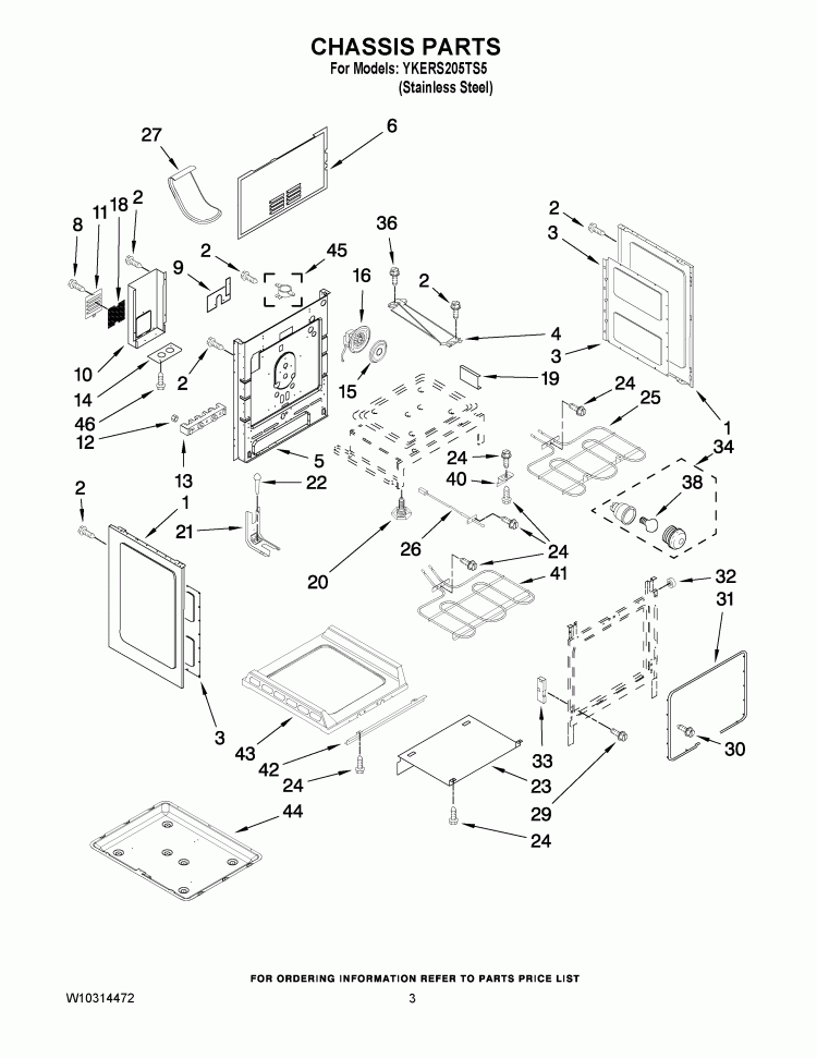 CHASSIS PARTS Diagram and Parts List for YKERS205TS5  KitchenAid Range