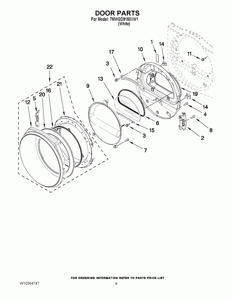 DOOR PARTS Diagram and Parts List for 7MWGD9150XW1  Whirlpool Dryer