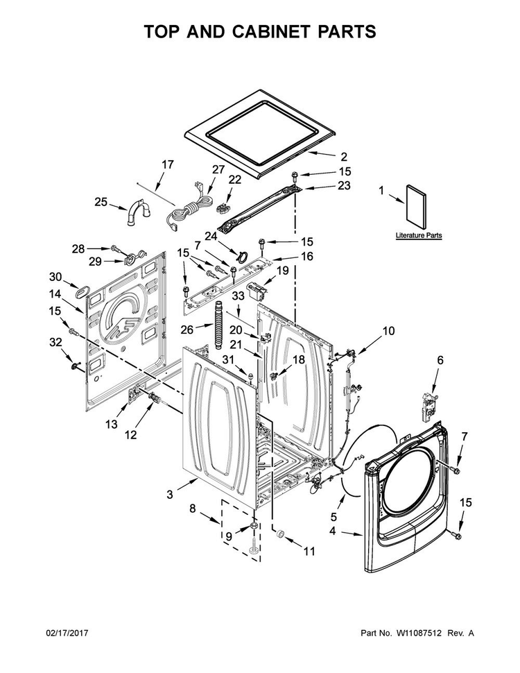 Top And Cabinet Parts Diagram and Parts List for WFW7540FW0  Whirlpool Washer