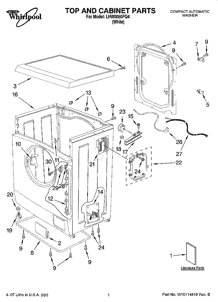 TOP AND CABINET PARTS Diagram and Parts List for LHW0050PQ4  Whirlpool Washer
