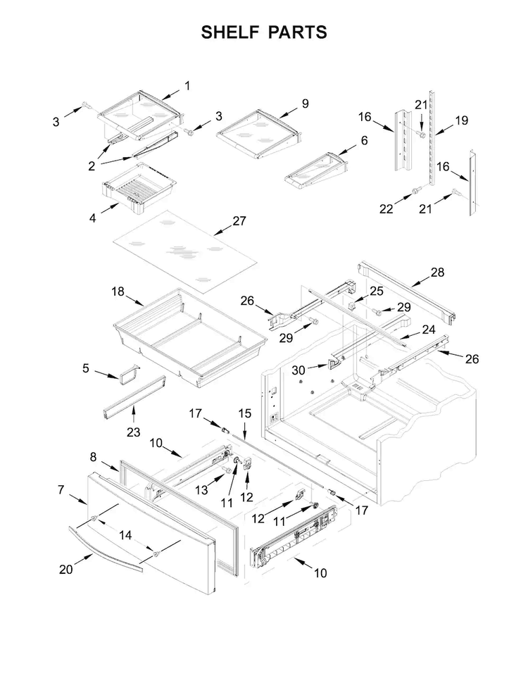 Shelf Parts Diagram and Parts List for WRX735SDBE02  Whirlpool Refrigerator