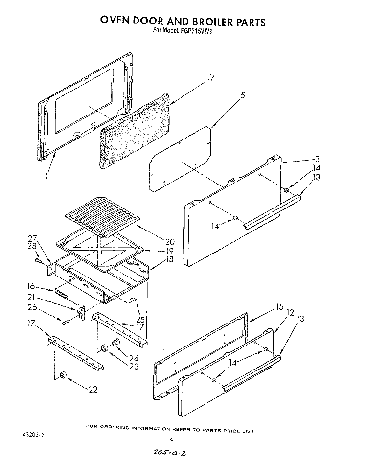 OVEN DOOR AND BROILER Diagram and Parts List for FGP315VW1  Roper Range