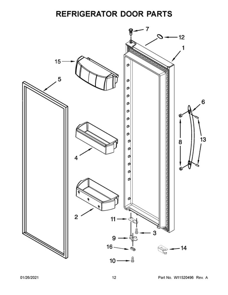Refrigerator Door Parts Diagram and Parts List for WRS973CIHV01  Whirlpool Refrigerator