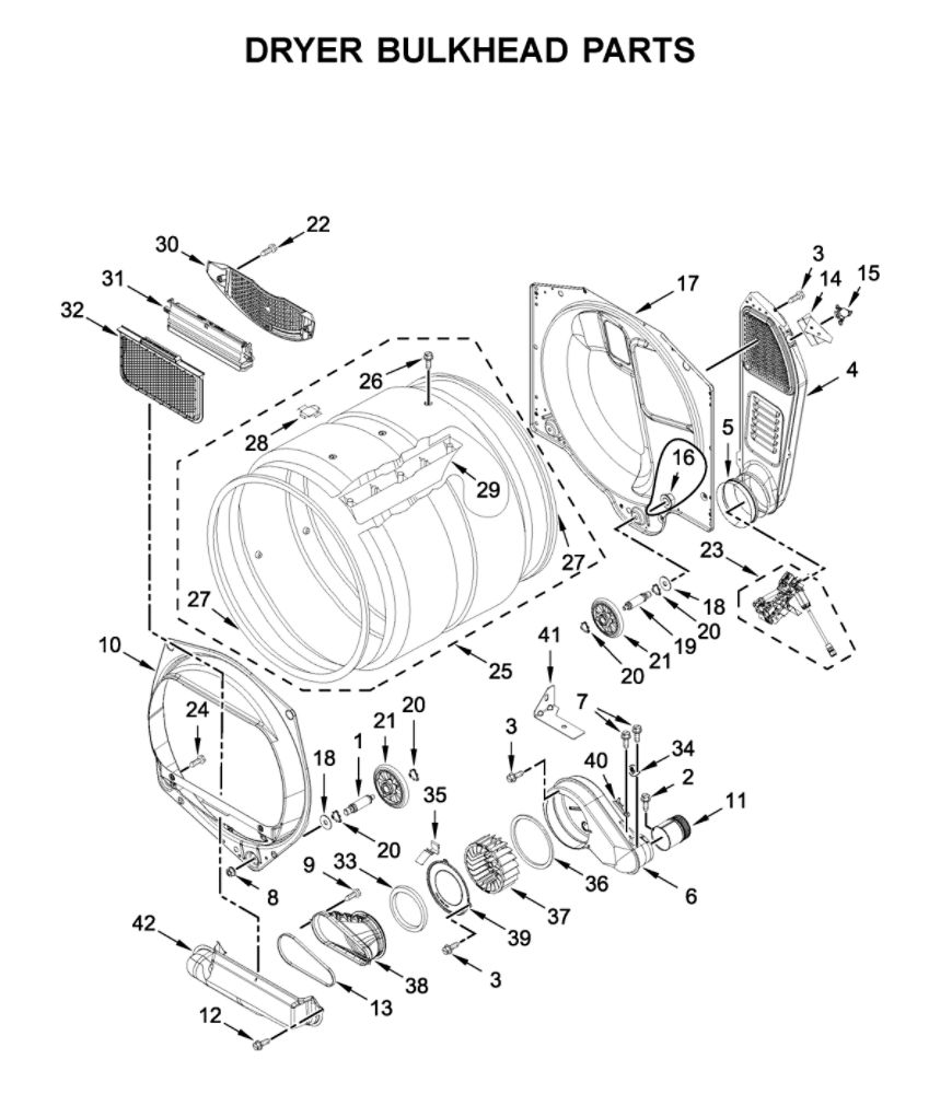 Dryer Bulkhead Parts Diagram and Parts List for WGT4027HW1  Whirlpool Washer Dryer Combo