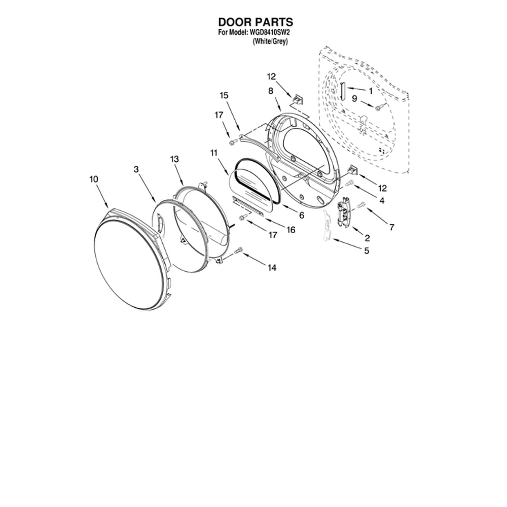 Door Parts Diagram and Parts List for WGD8410SW2  Whirlpool Dryer