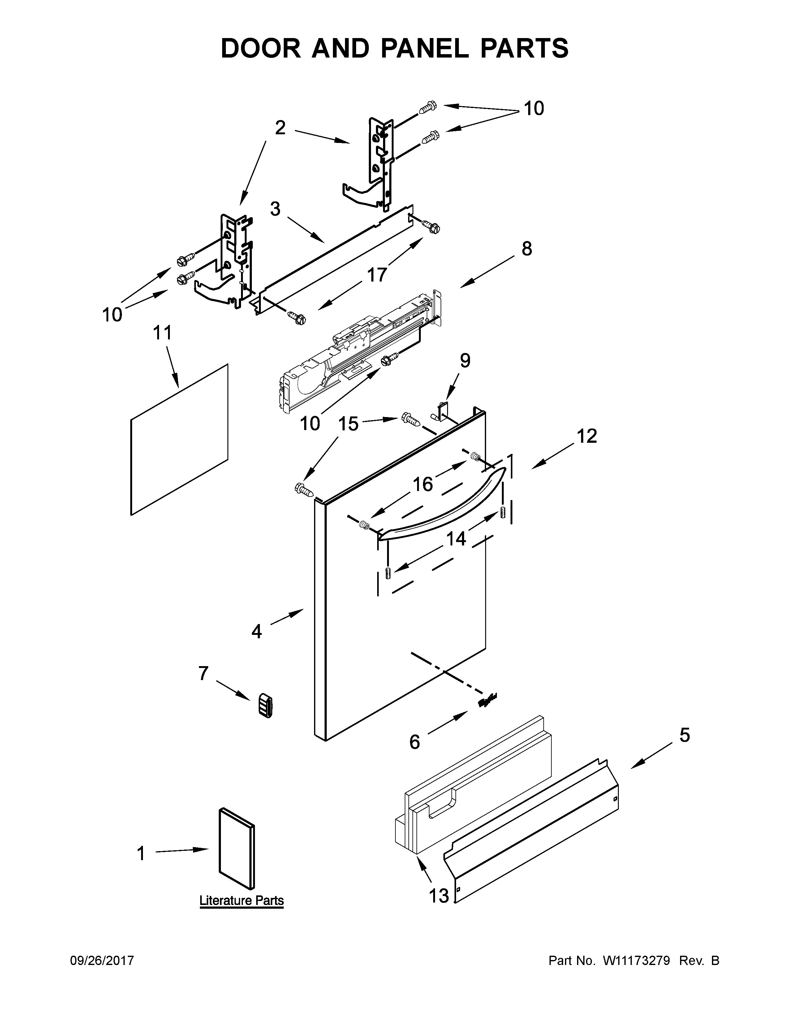 02 - DOOR AND PANEL PARTS Diagram and Parts List for WDT730PAHZ0  Whirlpool Dishwasher