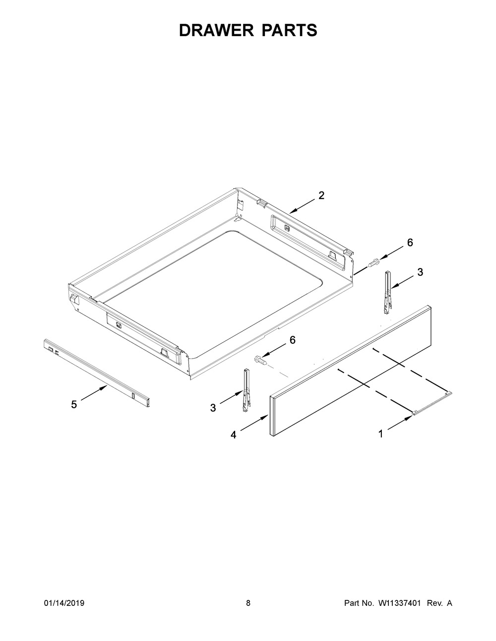 Drawer Parts Diagram and Parts List for YWEEA25H0HN1  Whirlpool Range