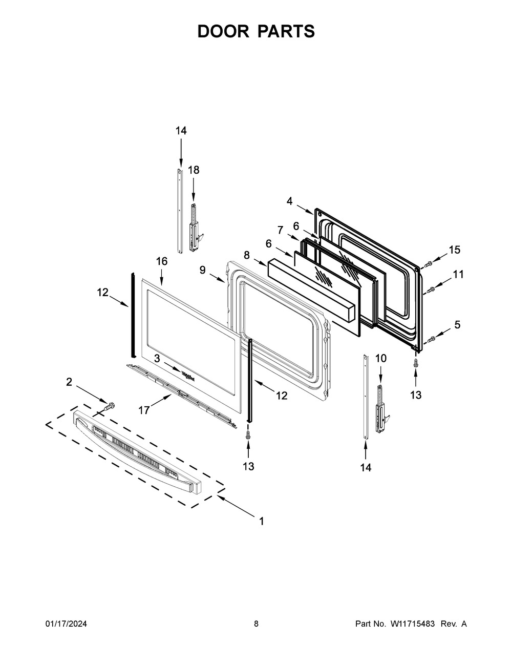 Door Parts Diagram and Parts List for WEG515S0LW4  Whirlpool Range