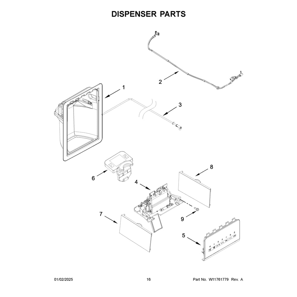 Dispenser Parts Diagram and Parts List for WRS325SDHB11  Whirlpool Refrigerator