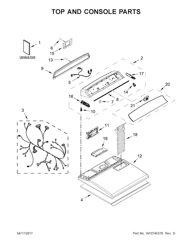 Top And Console Parts Diagram and Parts List for WED7300DW0  Whirlpool Dryer