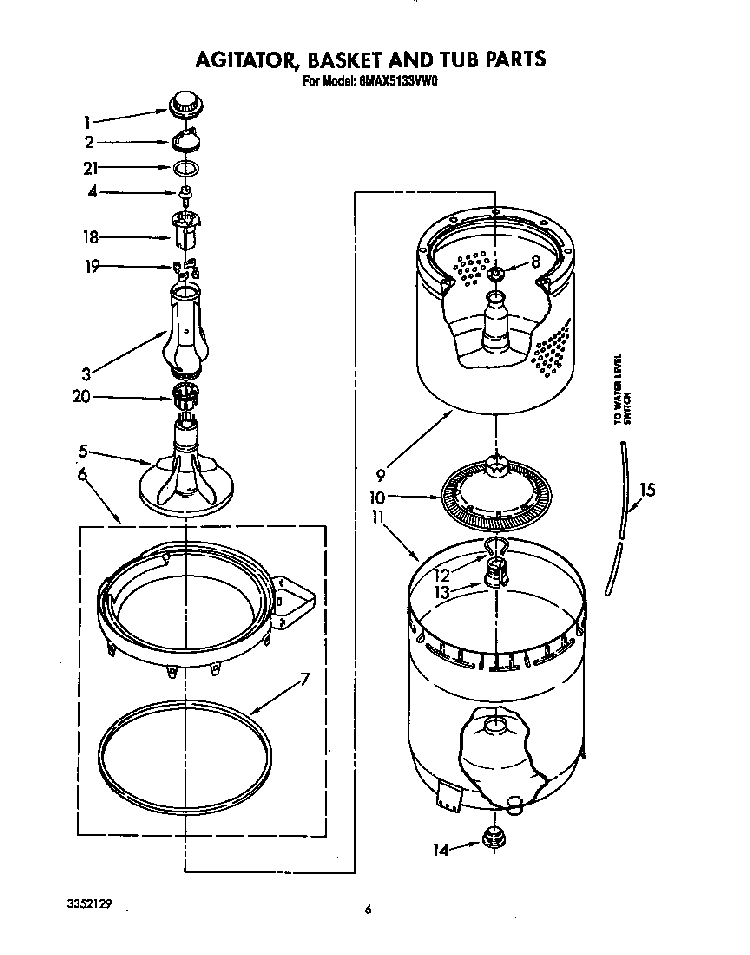 Agitator, Basket And Tub Diagram and Parts List for 6MAX5133VW0  Whirlpool Washer