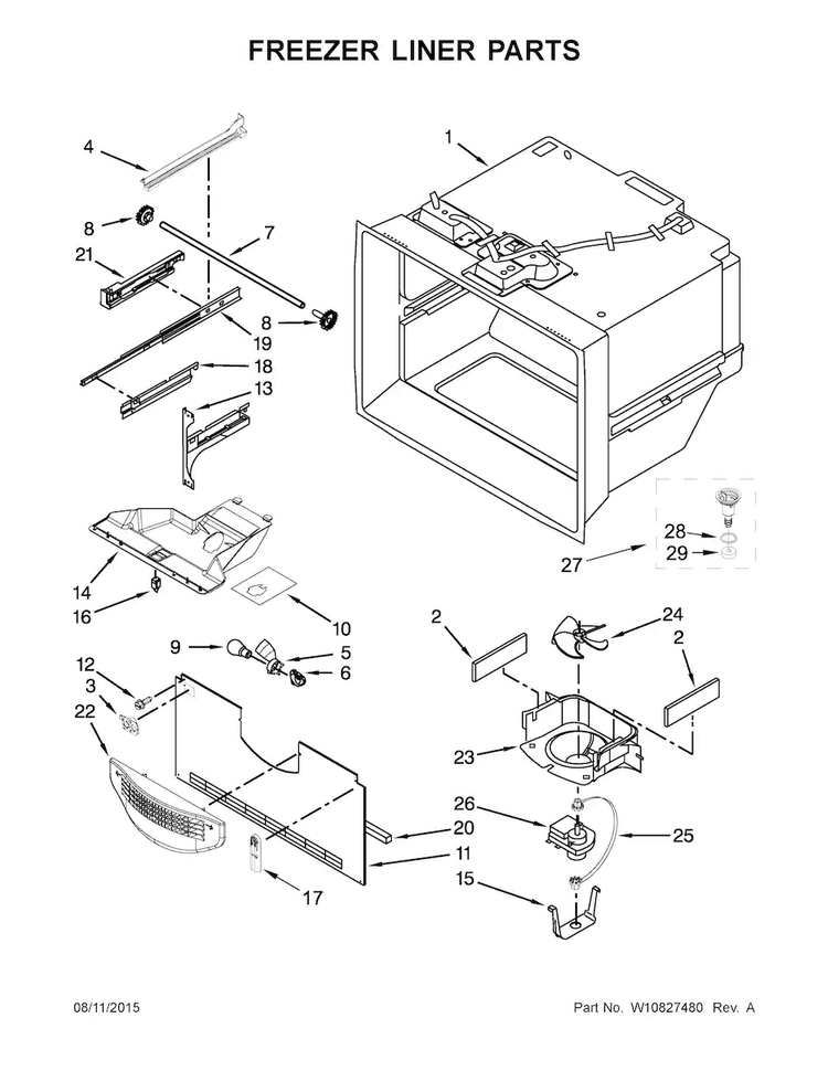Freezer Liner Parts Diagram and Parts List for 5GBB2258EA00  Whirlpool Refrigerator