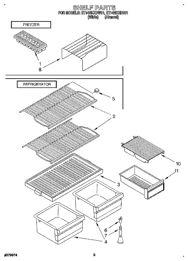 SHELF Diagram and Parts List for ET14NKXDW01  Whirlpool Refrigerator
