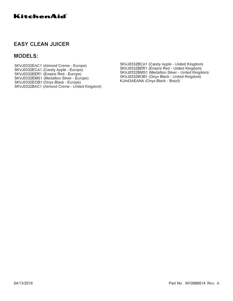 Cover Sheet Diagram and Parts List for 5KVJ0332EAC1  KitchenAid Juicer