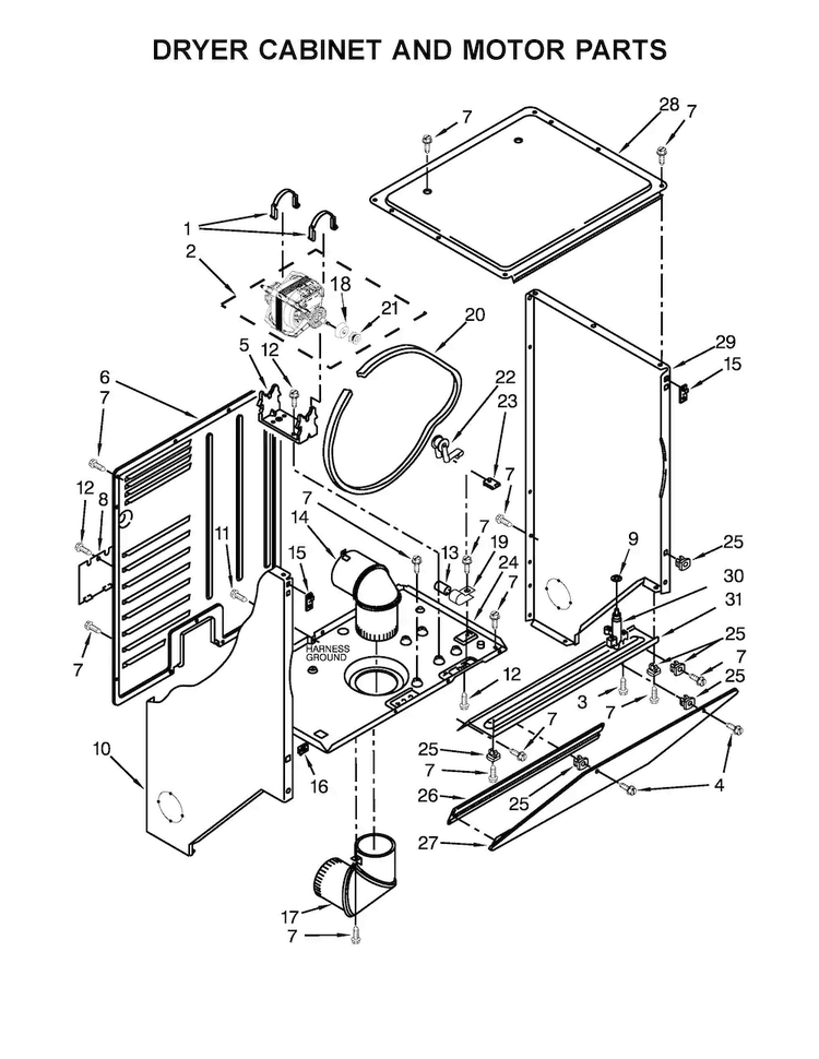 Dryer Cabinet And Motor Parts Diagram and Parts List for WET4024EW0  Whirlpool Washer Dryer Combo