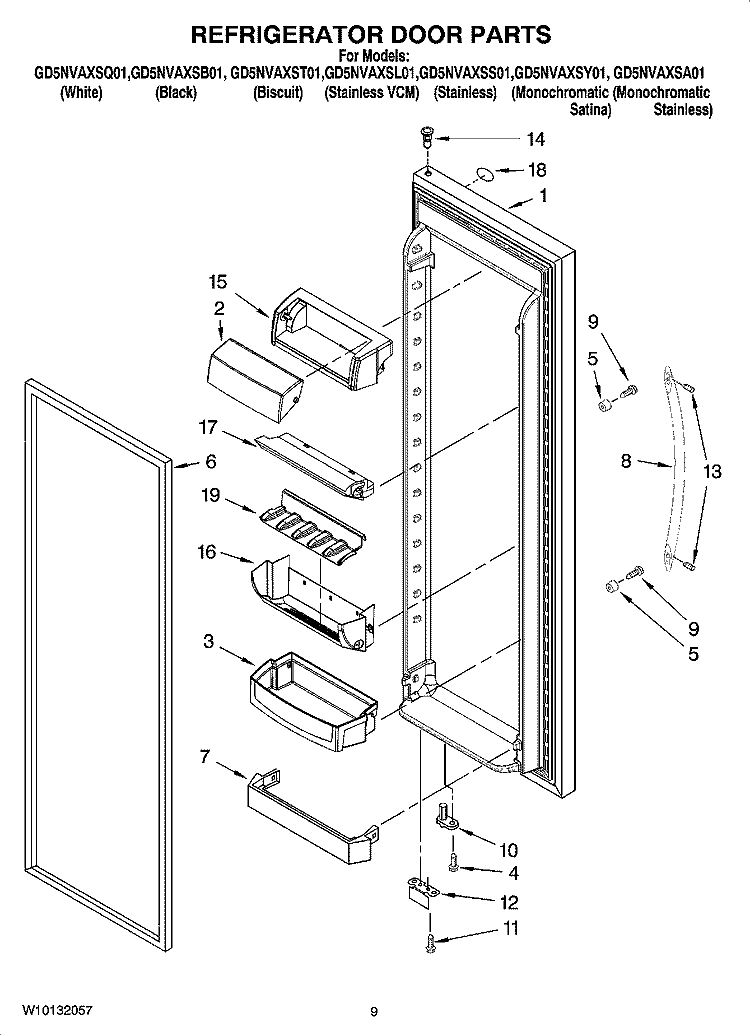 REFRIGERATOR DOOR PARTS Diagram and Parts List for GD5NVAXSL01  Whirlpool Refrigerator