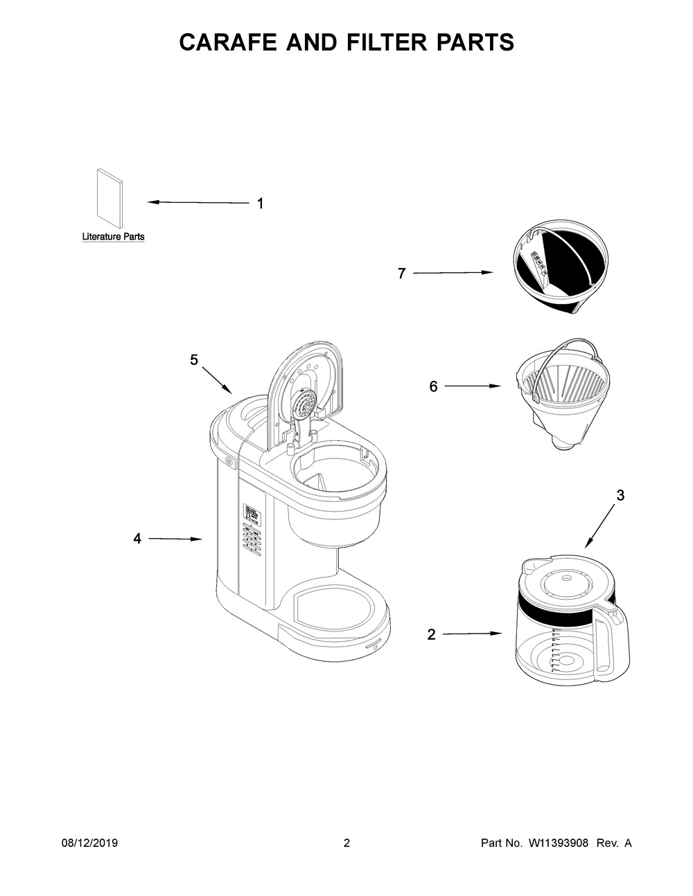 Carafe And Filter Parts Diagram and Parts List for KCM1208OB0  Whirlpool Coffee Maker