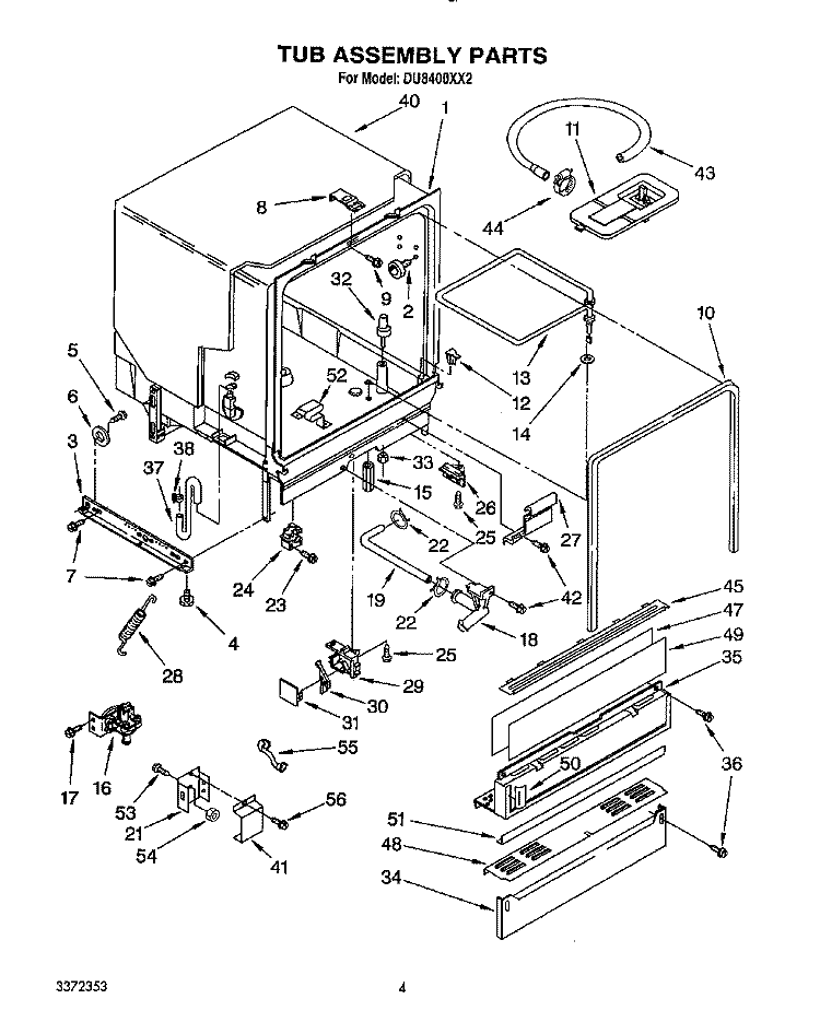 TUB ASSEMBLY, LIT/OPTIONAL Diagram and Parts List for DU8400XX2  Whirlpool Dishwasher