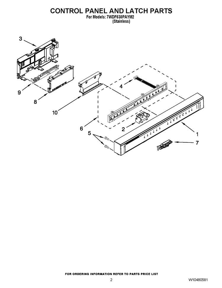 CONTROL PANEL AND LATCH PARTS Diagram and Parts List for 7WDF530PAYM2  Whirlpool Dishwasher