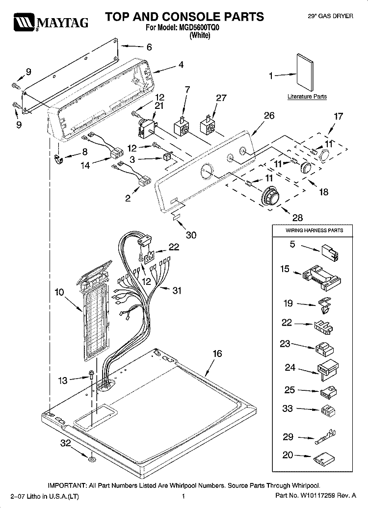 TOP AND CONSOLE PARTS Diagram and Parts List for MGD5600TQ0  Maytag Dryer