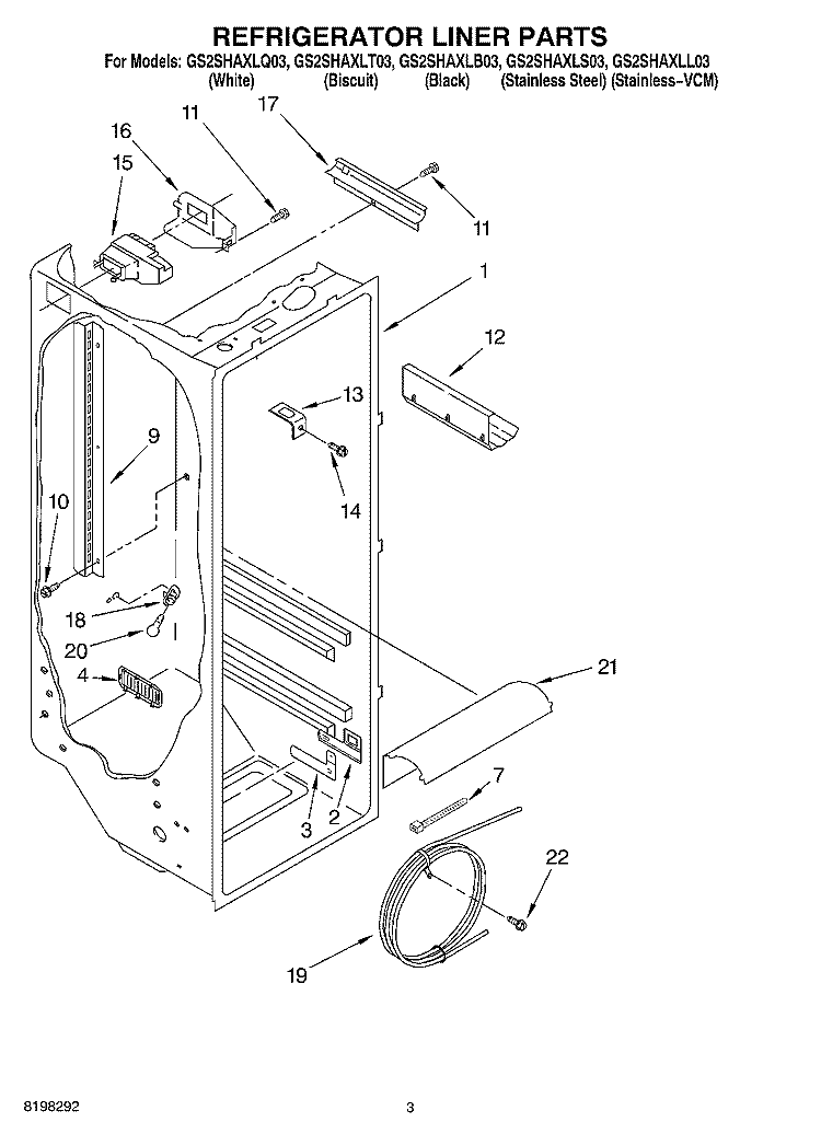 REFRIGERATOR LINER Diagram and Parts List for GS2SHAXLS03  Whirlpool Refrigerator