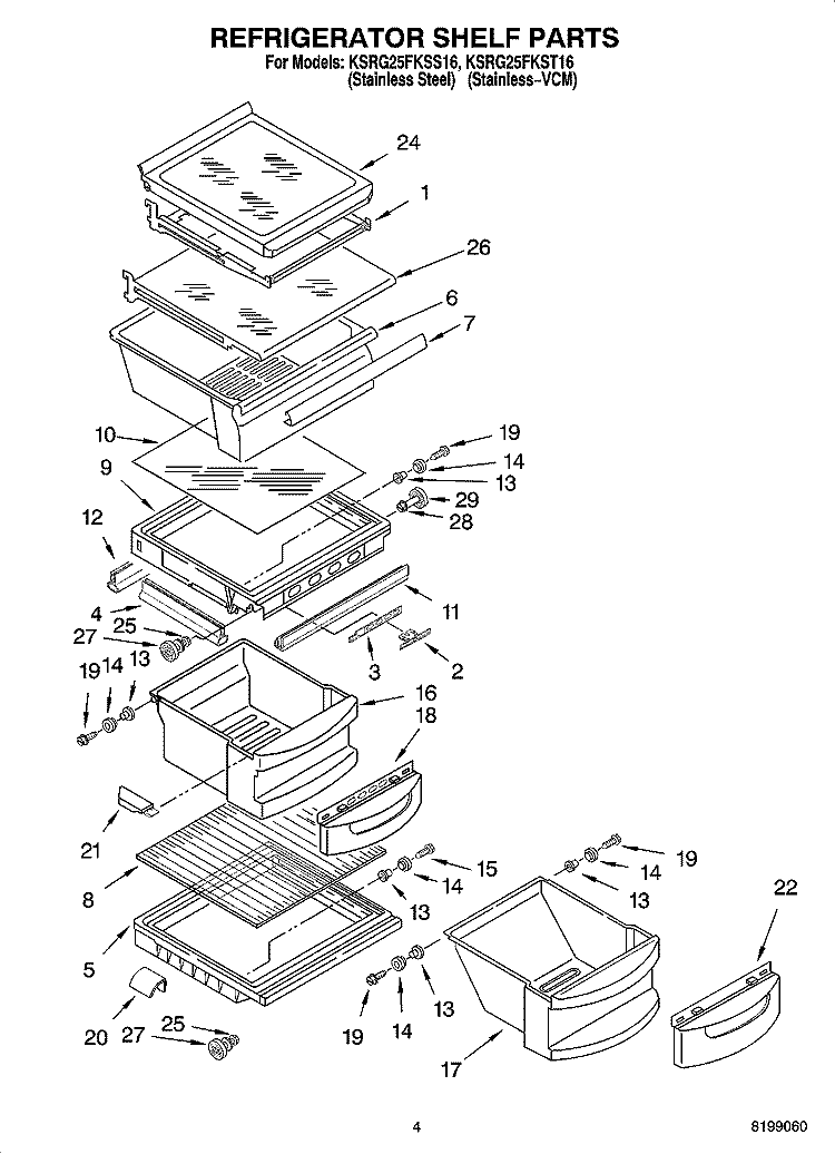 REFRIGERATOR SHELF PARTS Diagram and Parts List for KSRG25FKST16  KitchenAid Refrigerator
