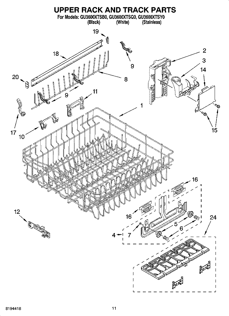 UPPER RACK AND TRACK PARTS Diagram and Parts List for GU3600XTSB0  Whirlpool Dishwasher