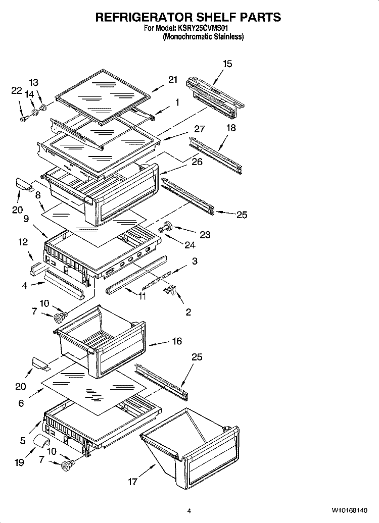 REFRIGERATOR SHELF PARTS Diagram and Parts List for KSRY25CVMS01  KitchenAid Refrigerator