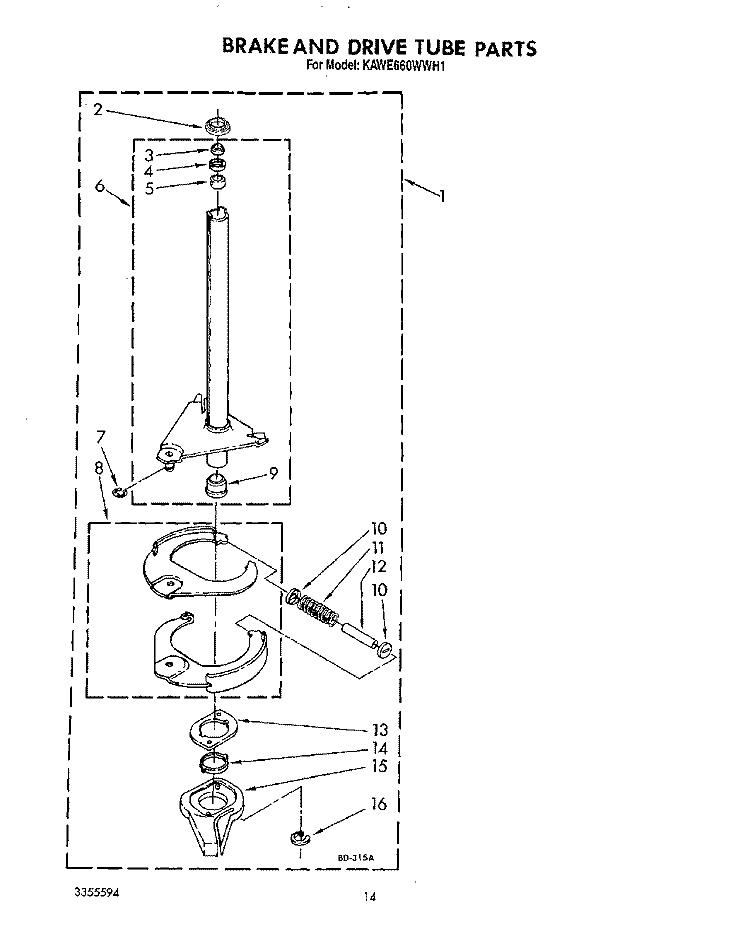 BRAKE AND DRIVE TUBE Diagram and Parts List for KAWE660WWH1  KitchenAid Washer