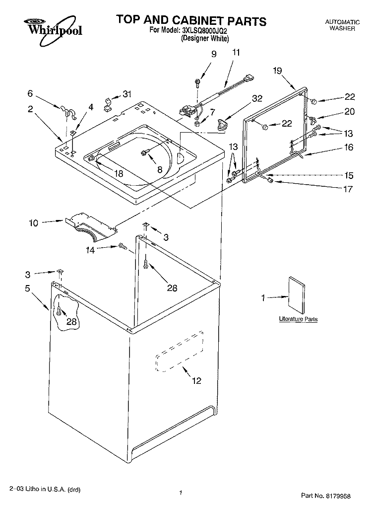 TOP AND CABINET PARTS Diagram and Parts List for 3XLSQ8000JQ2  Whirlpool Washer