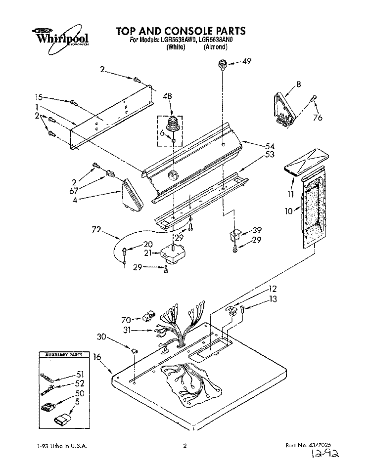 SECTION Diagram and Parts List for LGR5638AN0  Whirlpool Dryer