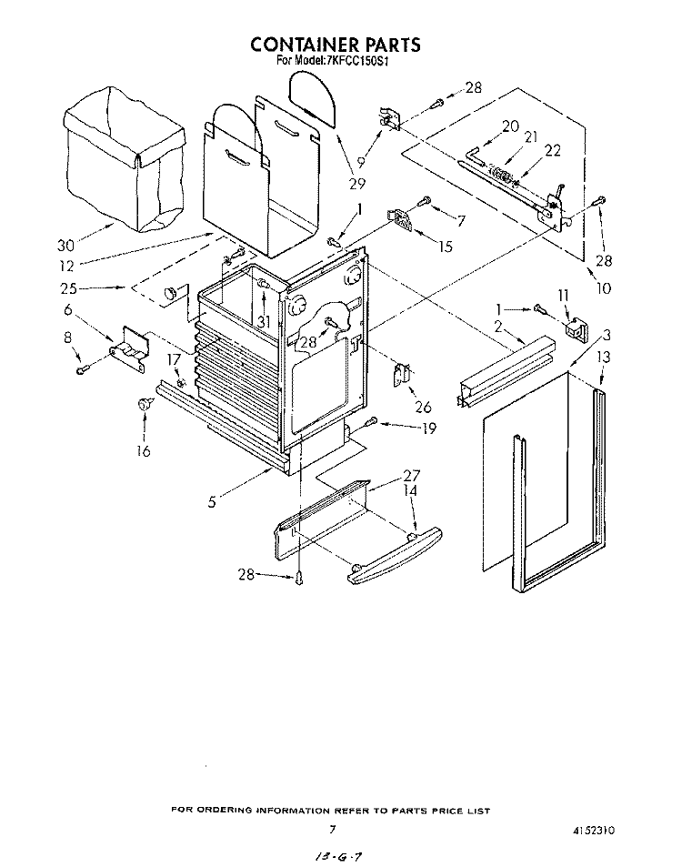 CONTAINER Diagram and Parts List for 7KFCC150S1  KitchenAid Trash Compactor