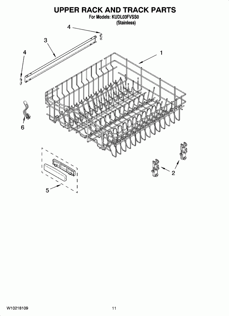UPPER RACK AND TRACK PARTS Diagram and Parts List for KUDL03FVSS0  KitchenAid Dishwasher