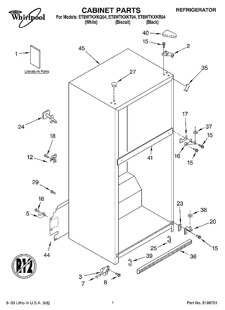 CABINET PARTS Diagram and Parts List for ET8WTKXKQ04  Whirlpool Refrigerator