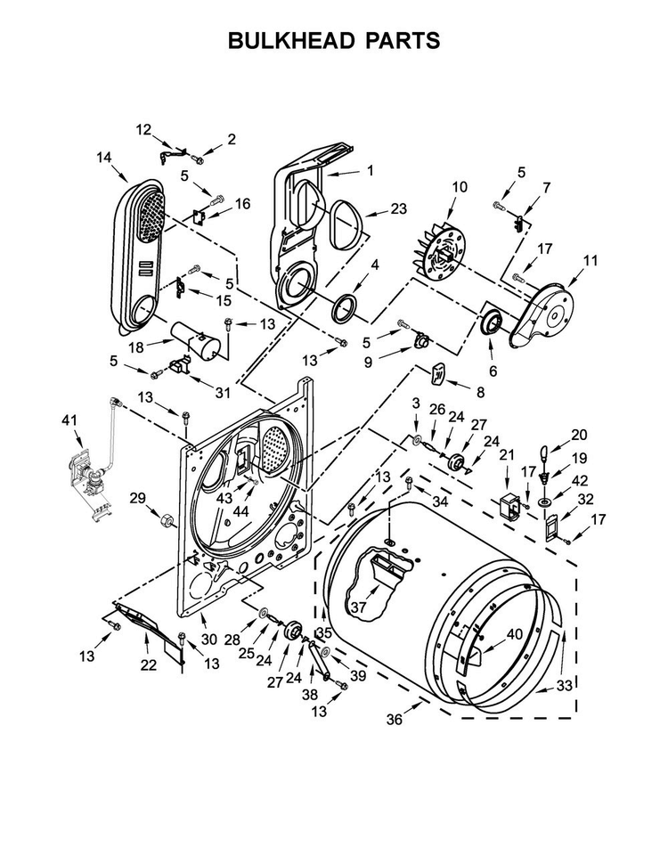Bulkhead Parts Diagram and Parts List for WGD49STBW1  Whirlpool Dryer