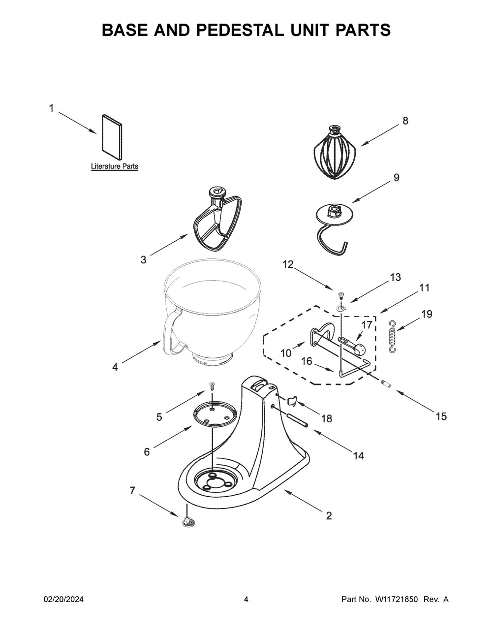 Base And Pedestal Unit Parts Diagram and Parts List for 5K45SSNOB5  KitchenAid Mixer