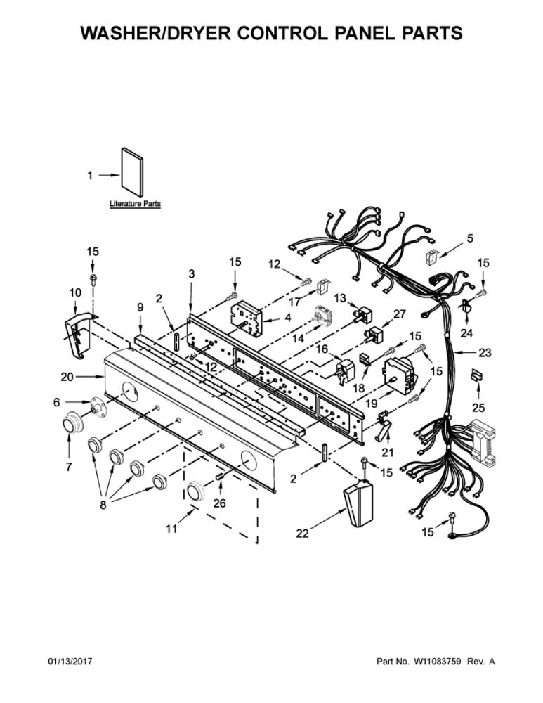 Washer/Dryer Control Panel Parts Diagram and Parts List for WGT4027EW1  Whirlpool Washer Dryer Combo