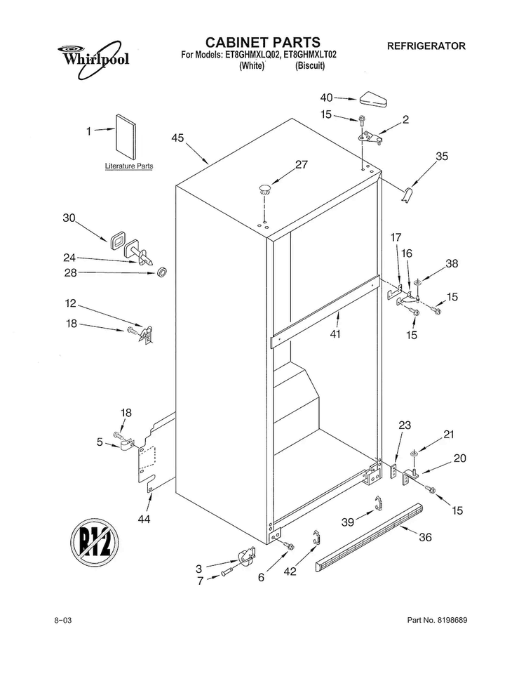 Cabinet Diagram and Parts List for ET8GHMXLT02  Whirlpool Refrigerator