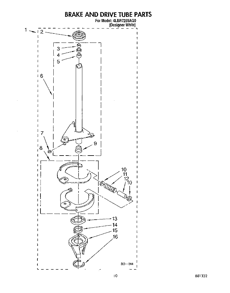 BRAKE AND DRIVE TUBE Diagram and Parts List for 4LBR7255AQ0  Whirlpool Washer