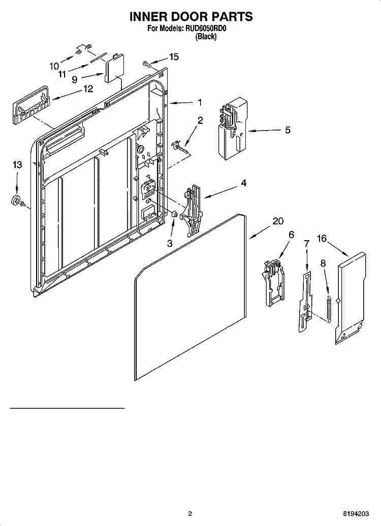 INNER DOOR PARTS Diagram and Parts List for RUD6050RD0  Roper Dishwasher