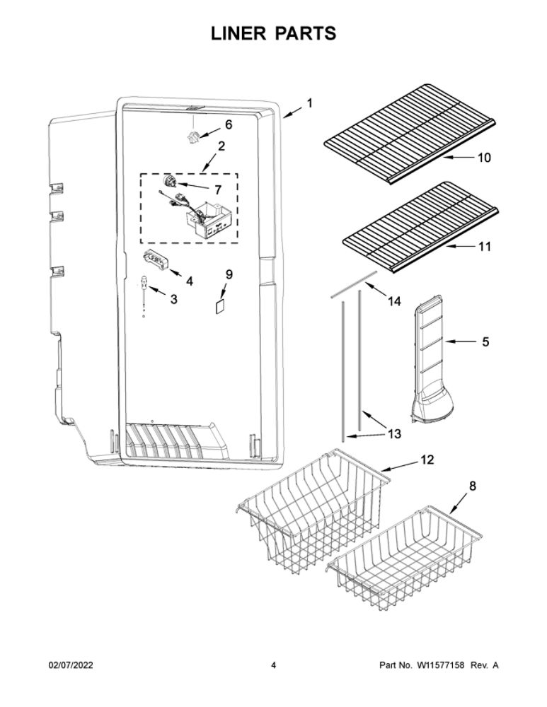 Liner Parts Diagram and Parts List for WZF79R20DW06  Whirlpool Freezer
