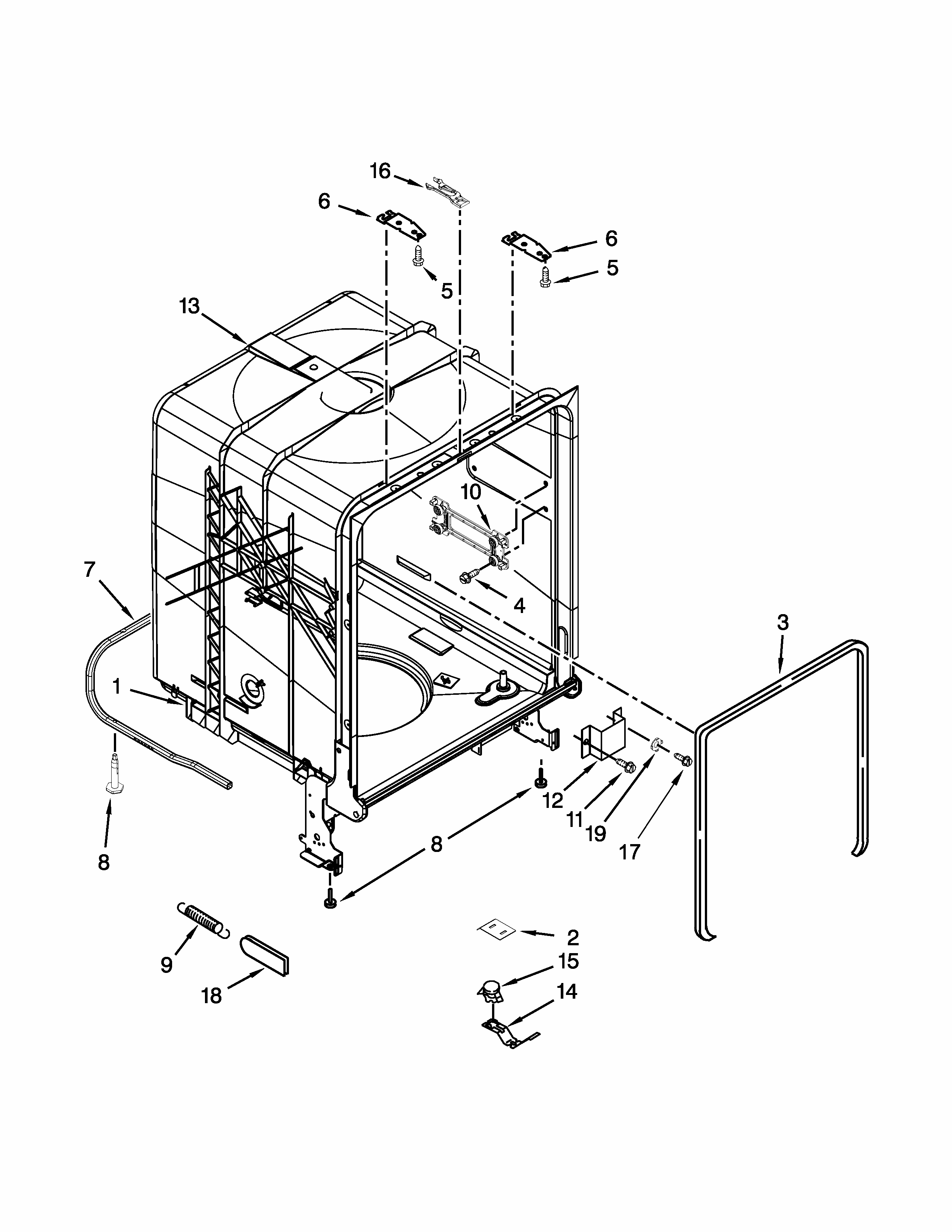 Tub And Frame Parts Diagram and Parts List for 66513042K116  Kenmore Dishwasher